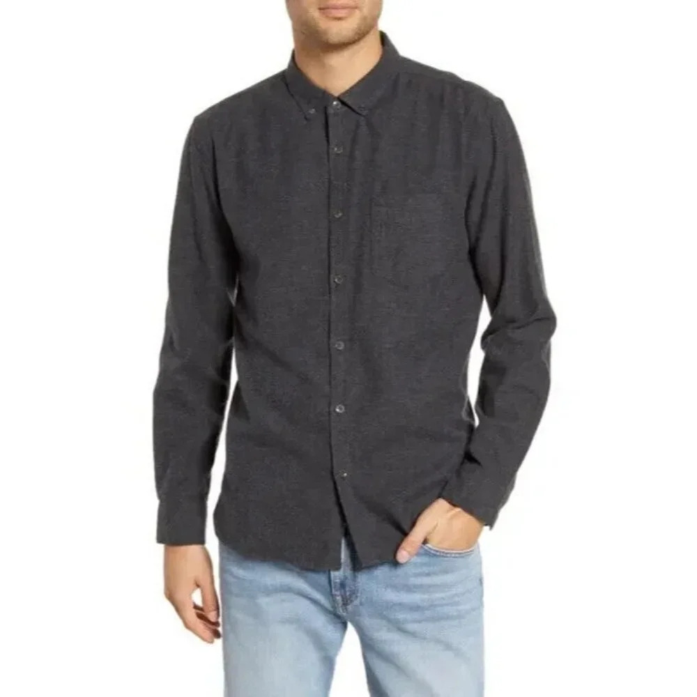 BLDWN Men's Hansen Regular Fit Button-down Flannel Shirt In Charcoal Size S NWT